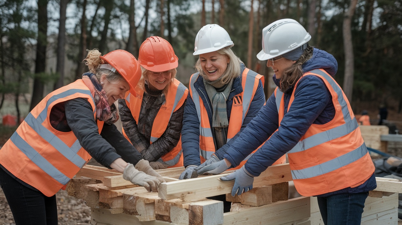 A diverse group of people smiling and working together on a volunteer project outdoors.