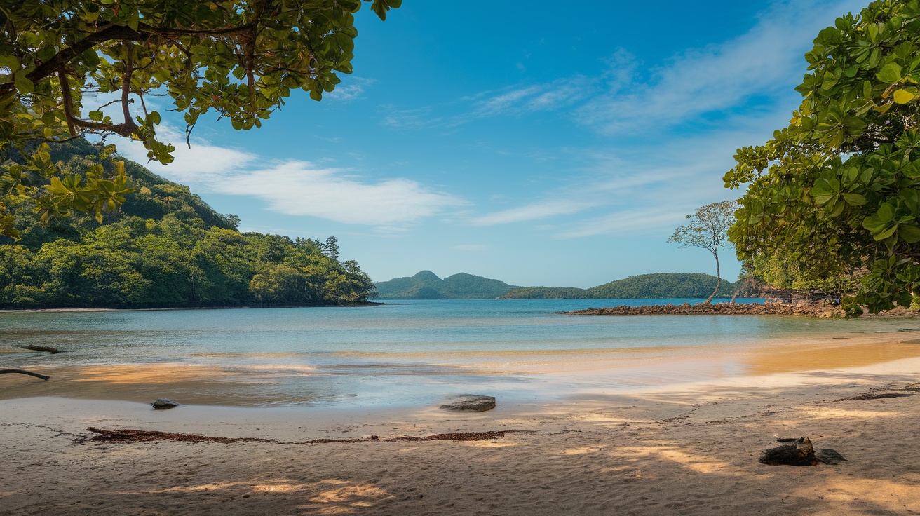 A tranquil beach scene with clear water, surrounded by green hills and blue sky.