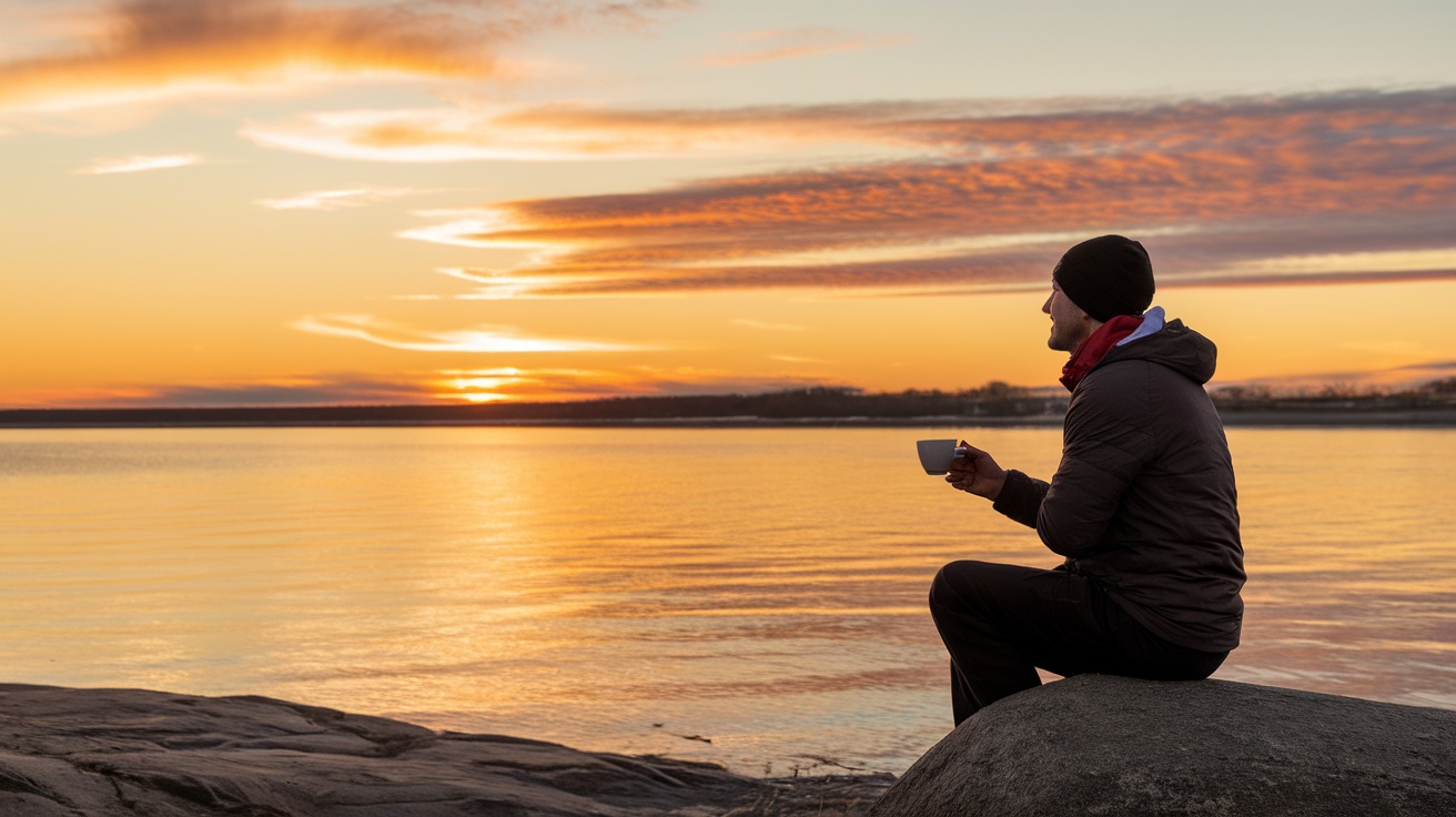 A person enjoying a warm drink while watching the sunset by the water.