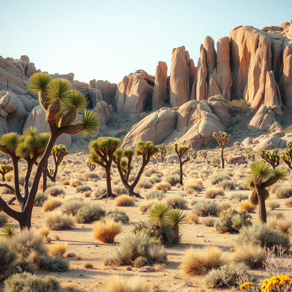 A serene landscape in Joshua Tree National Park featuring distinctive Joshua trees and rocky formations.