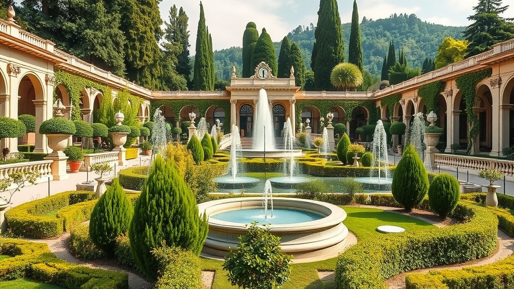 Beautifully manicured gardens with fountains surrounded by greenery at Villa d'Este