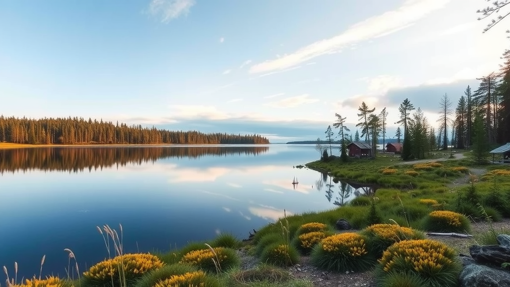 A tranquil view of a Finnish lake surrounded by trees and yellow flowers.