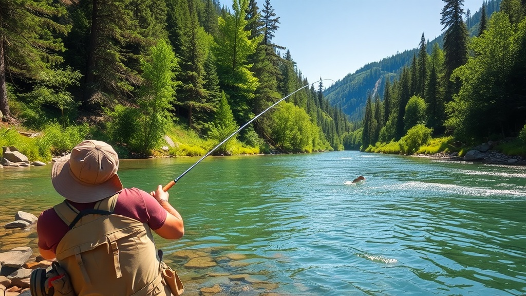 A person fishing in a clear river surrounded by trees and mountains