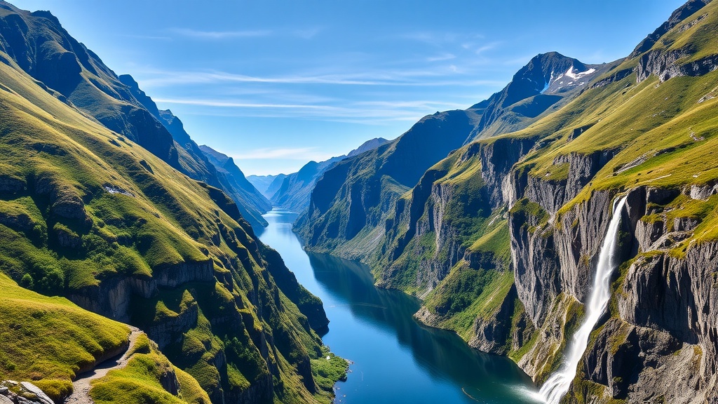 A panoramic view of Geirangerfjord showcasing steep cliffs and a waterfall.