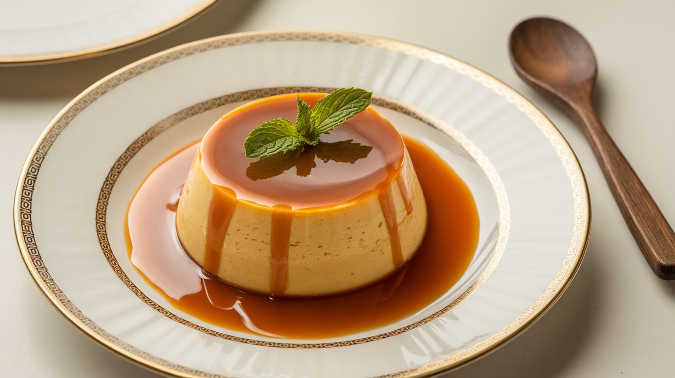 A beautifully plated flan dessert with caramel sauce and a mint leaf garnish.