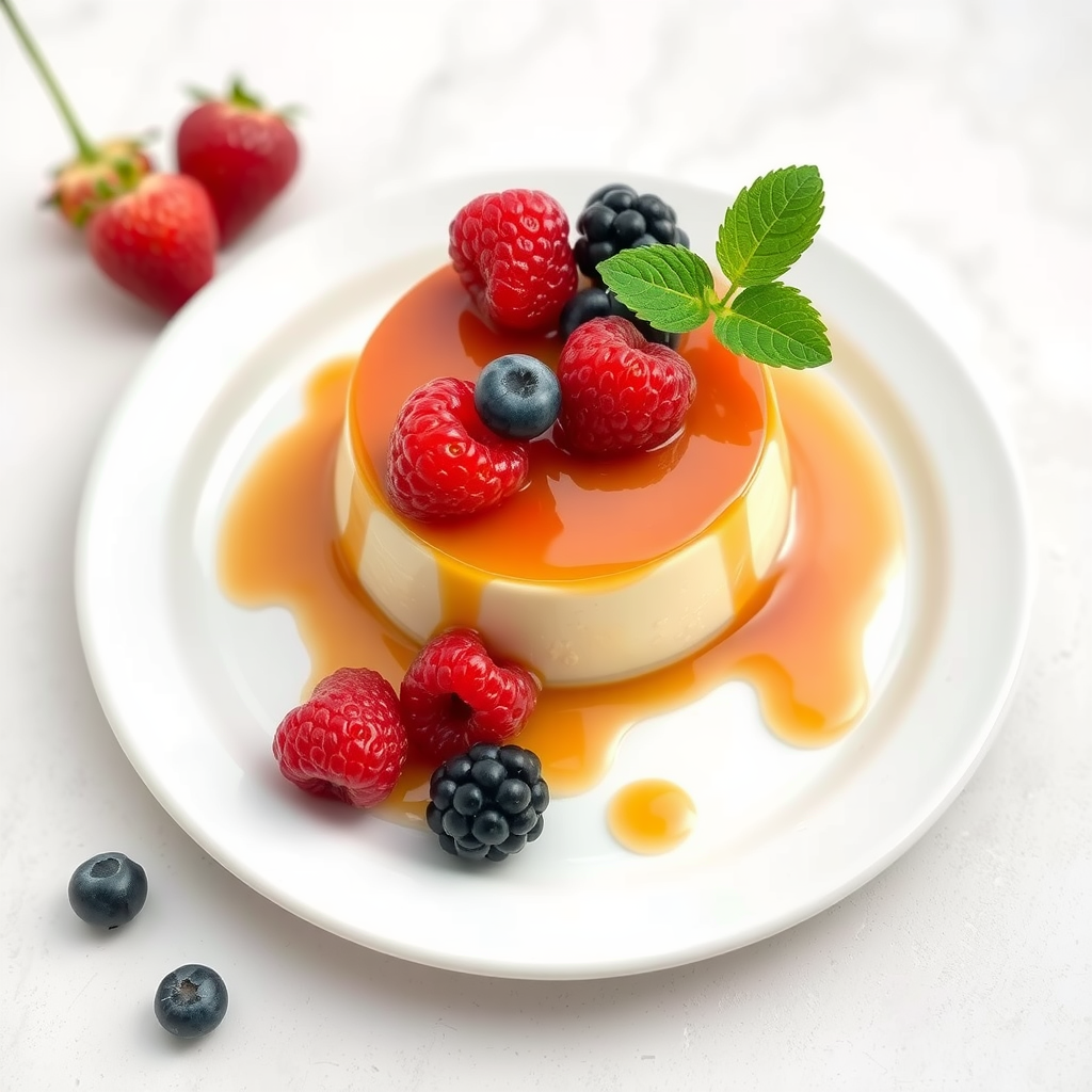 A serving of flan topped with fresh berries and caramel sauce on a white plate.