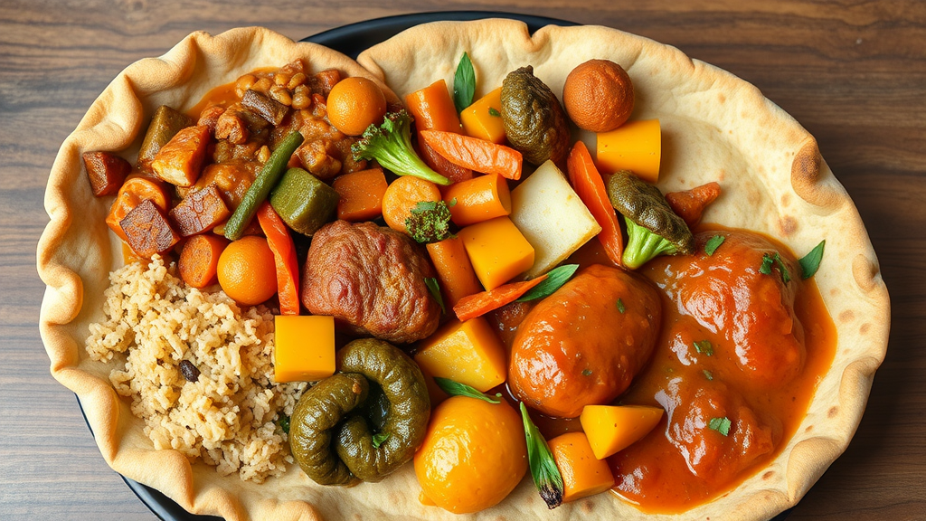 An Ethiopian platter featuring various vegetables, sauces, and injera.