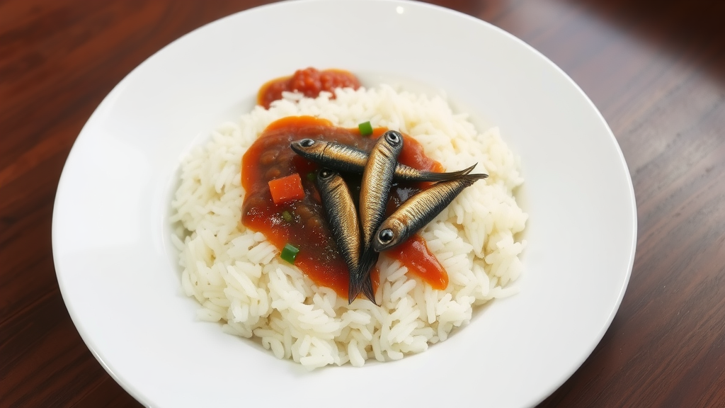 A plate of Nasi Lemak with rice, sambal, fried anchovies, and cucumber.