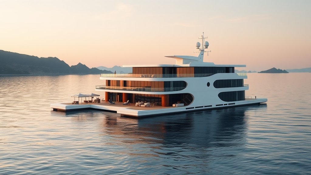 A luxurious floating hotel on calm waters at sunset