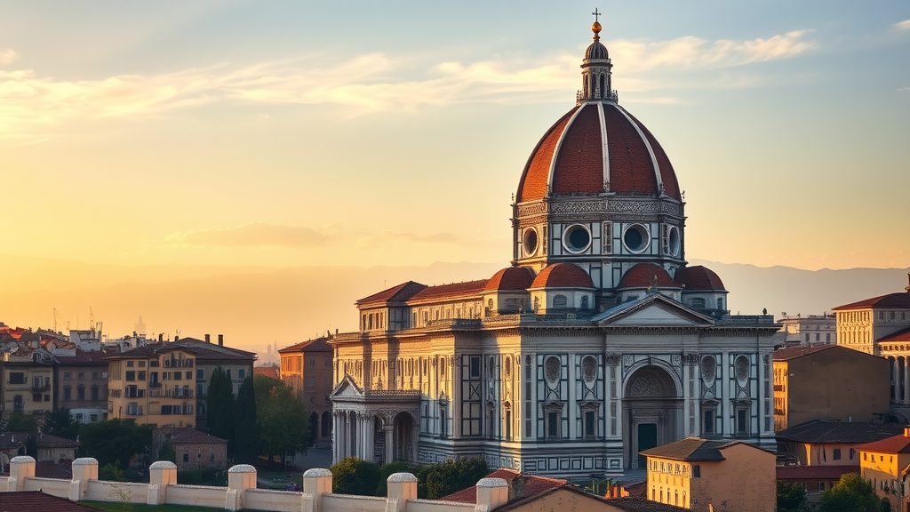 Panoramic view of Florence with the Florence Cathedral at sunset.