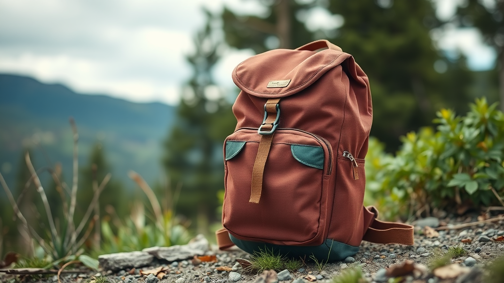 A foldable daypack in a natural outdoor setting.