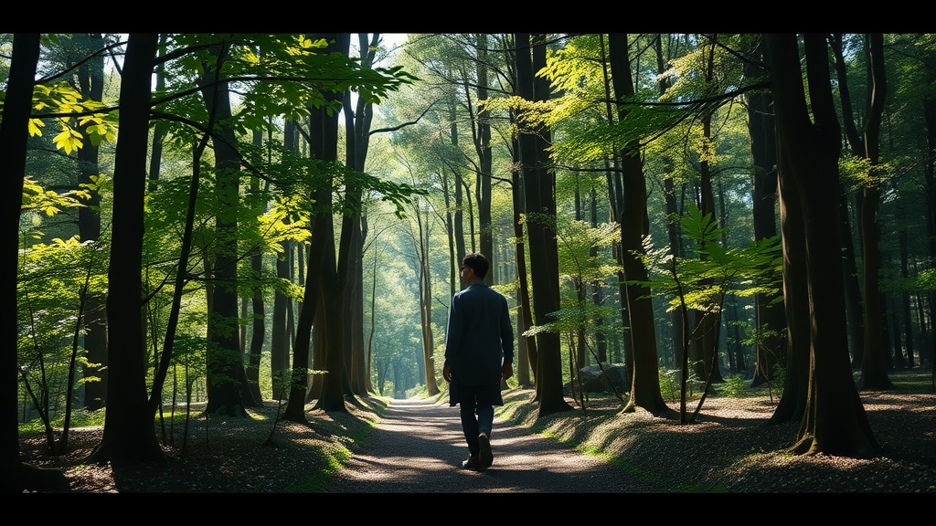 A person walking along a serene path in a lush green forest.