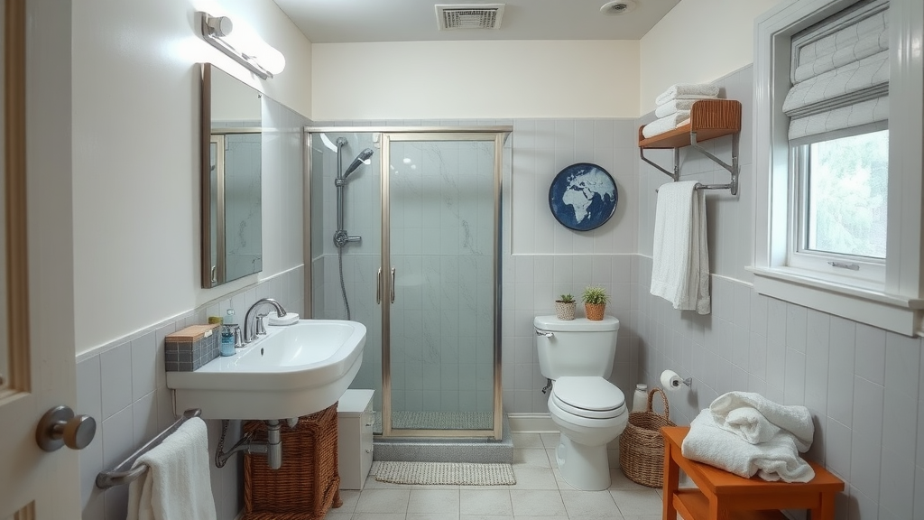 A well-organized bathroom with various storage solutions including baskets, shelves, and cabinets.