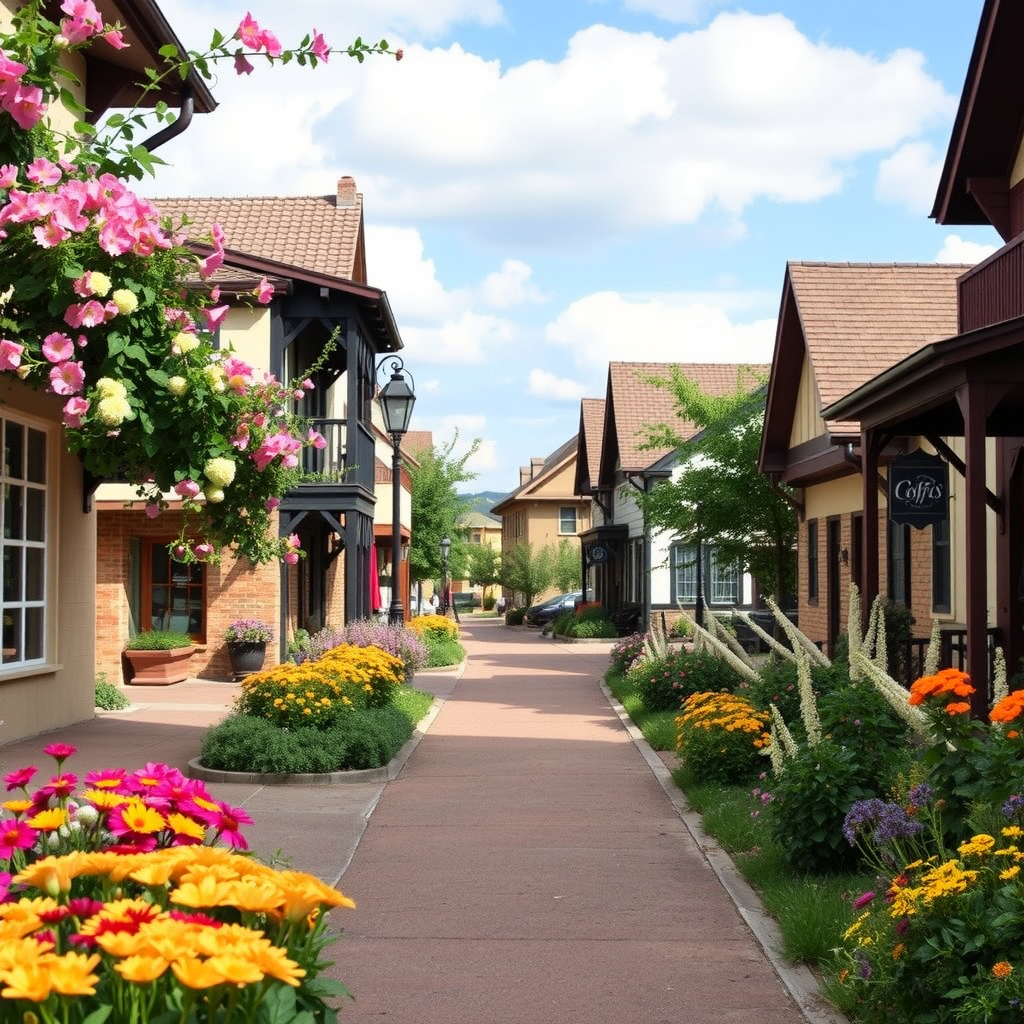 Colorful flowers lining a charming street in Fredericksburg, Texas, with picturesque buildings and clear blue skies.