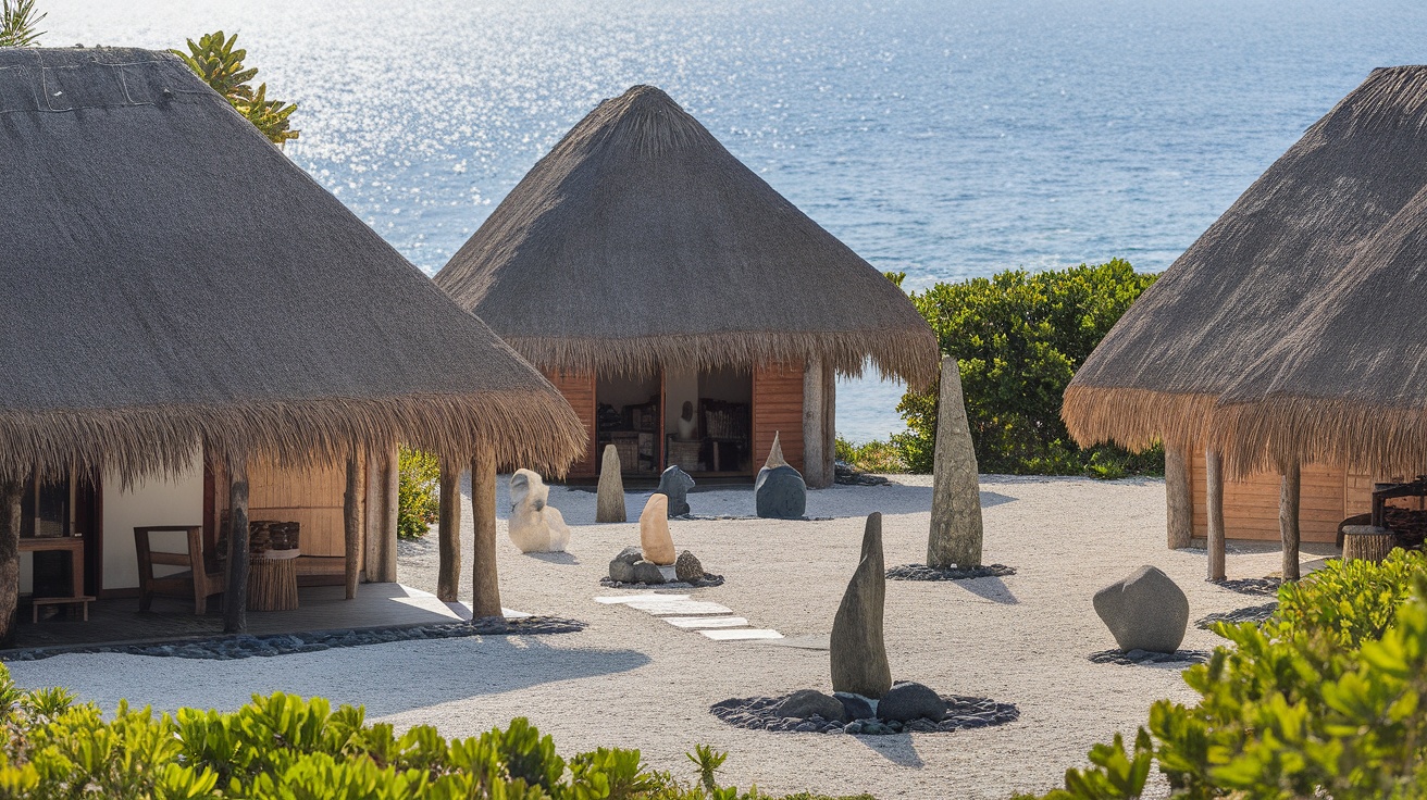 Two traditional huts on a sandy beach in French Polynesia with a view of the ocean.