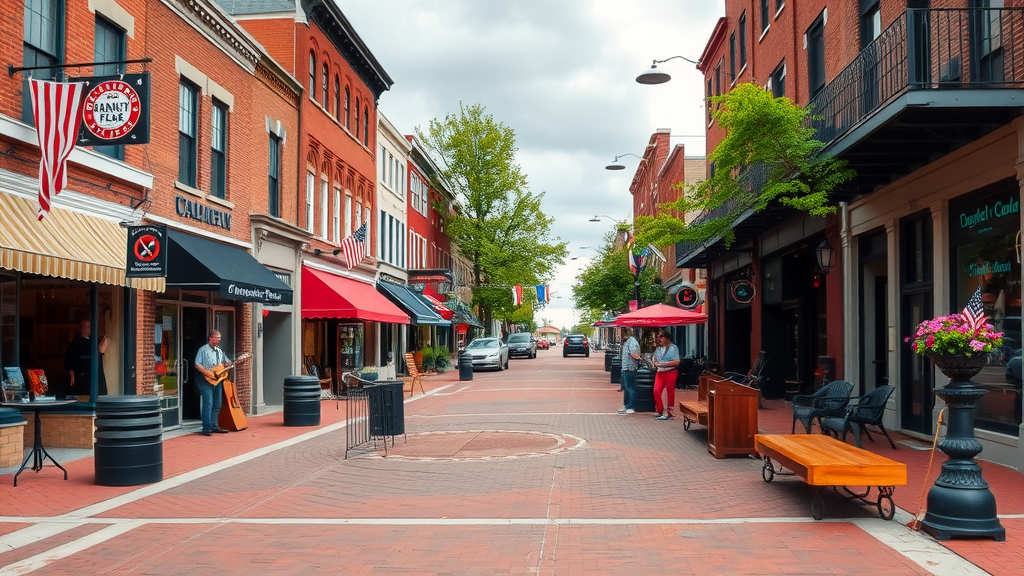 A quaint street in Franklin, Tennessee, lined with shops, cafes, and trees.