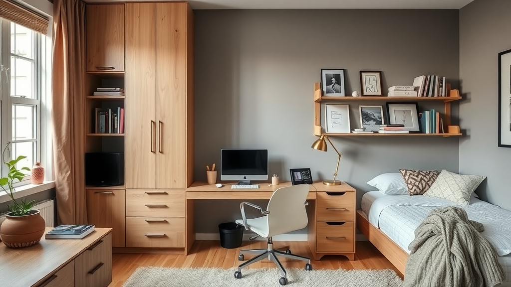 A cozy home office with wooden furniture, a desk, and a bed, showcasing a functional multi-use space.