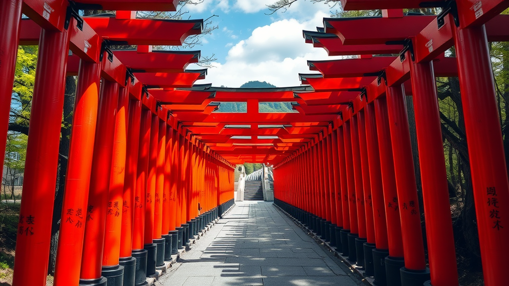 Path lined with red torii gates at Fushimi Inari Taisha in Japan.