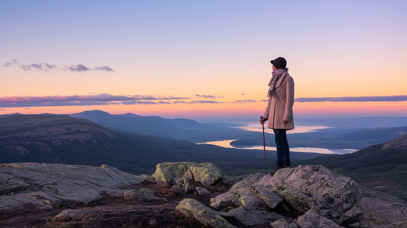 A person standing on a rocky ledge, looking at a scenic view during sunset, symbolizing reflection and gaining perspective.