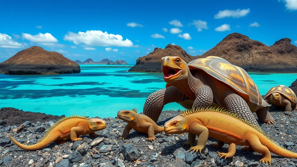 A scenic view of the Galapagos Islands featuring giant tortoises and marine iguanas in clear blue water.