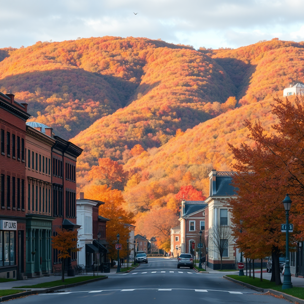 A picturesque street in Galena, Illinois, adorned with autumn trees and historic buildings.