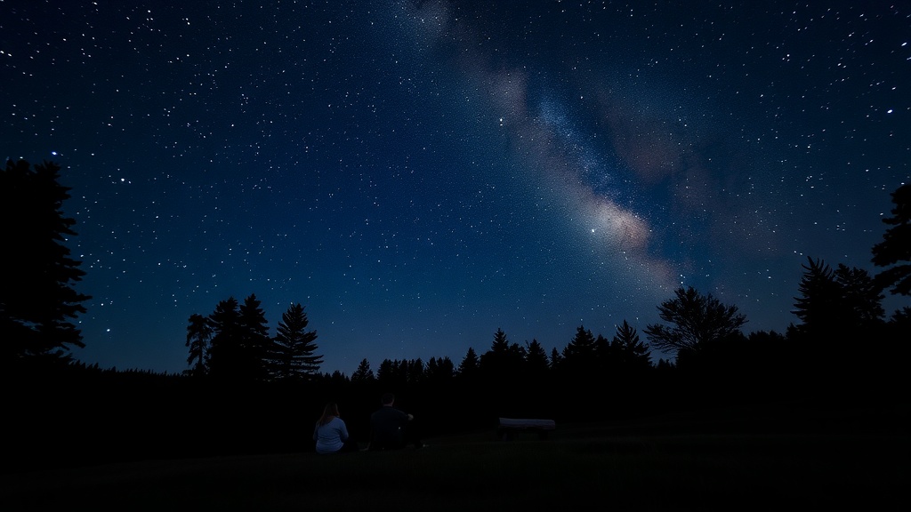 Couple sitting under a starry sky in Galloway Forest Park, Scotland.