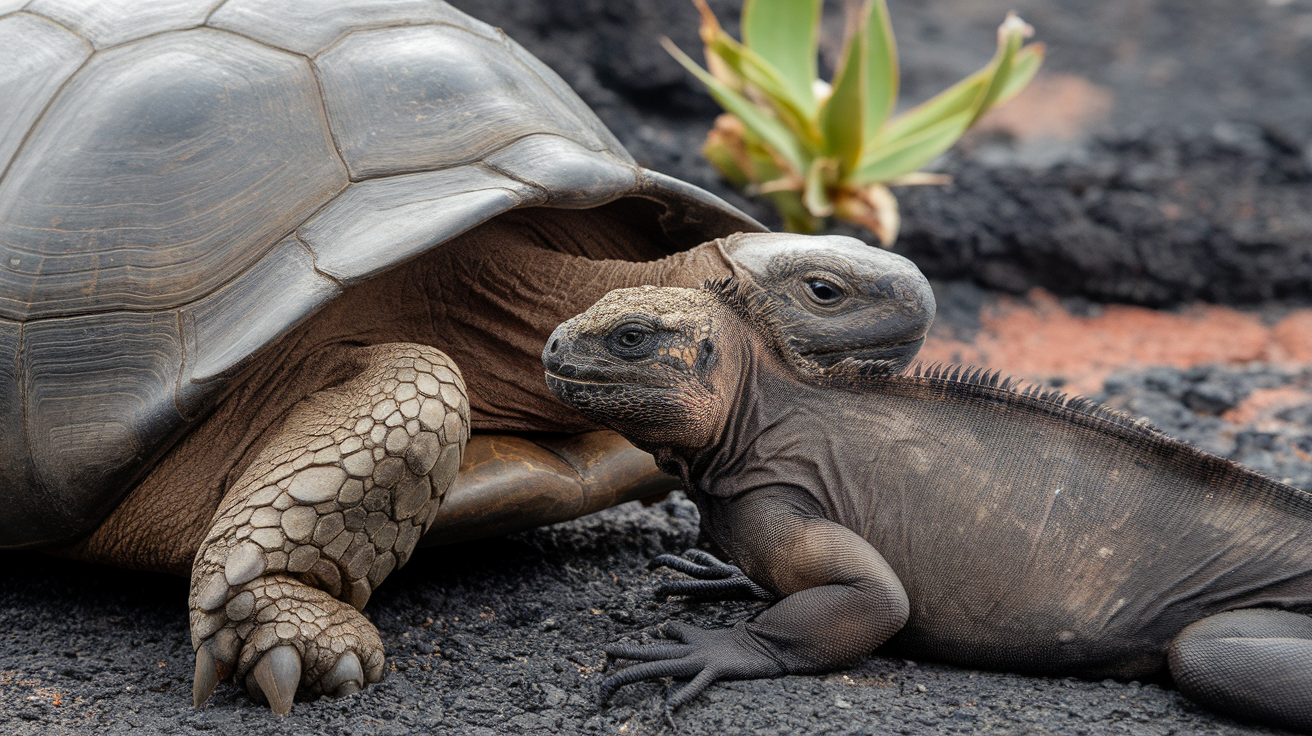 A giant tortoise and a young marine iguana on volcanic rocks in the Galápagos Islands.