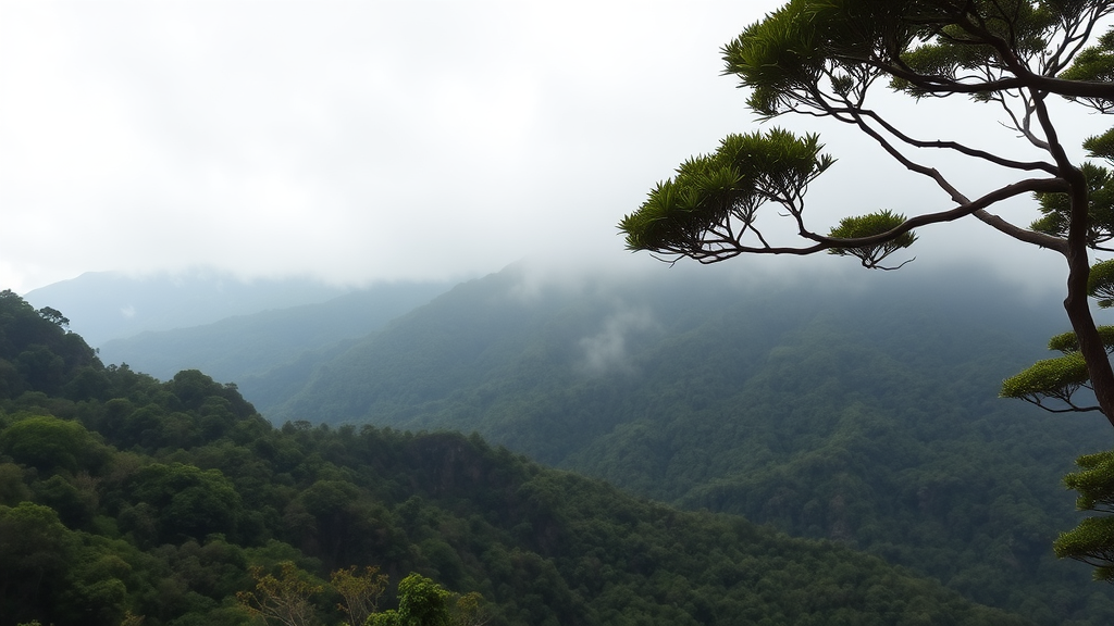 Misty mountains and lush greenery in Garajonay National Park, Spain.