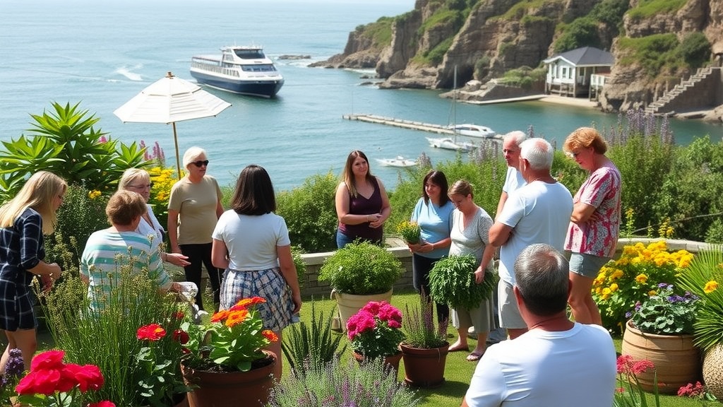 Group of people participating in a gardening workshop at a coastal location.