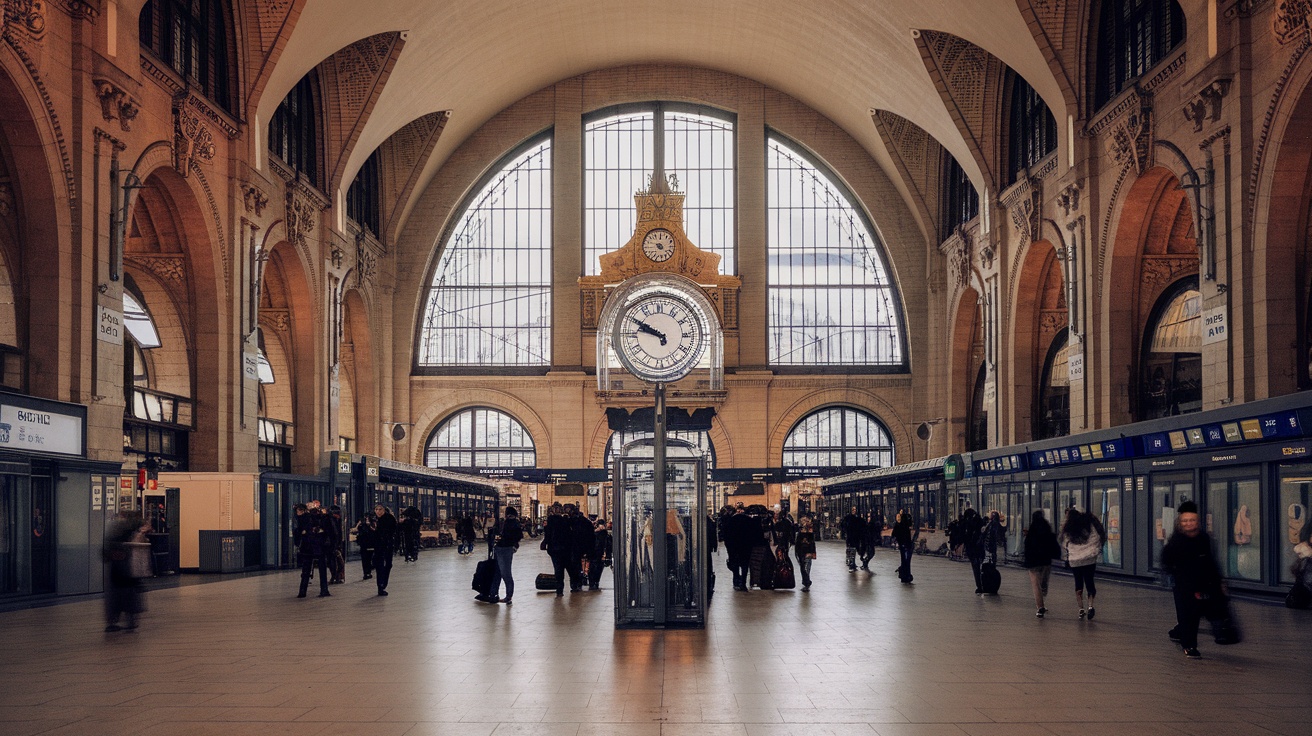 Interior view of Gare de Lyon train station in Paris, featuring its grand clock and architectural details.