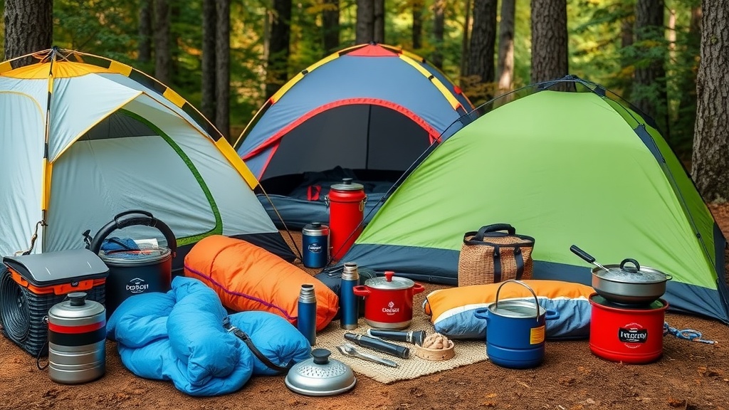 A messy campsite with tents and camping gear scattered around.