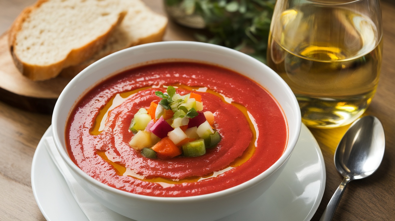 A bowl of gazpacho soup topped with diced vegetables, a slice of bread, and a glass of white wine.