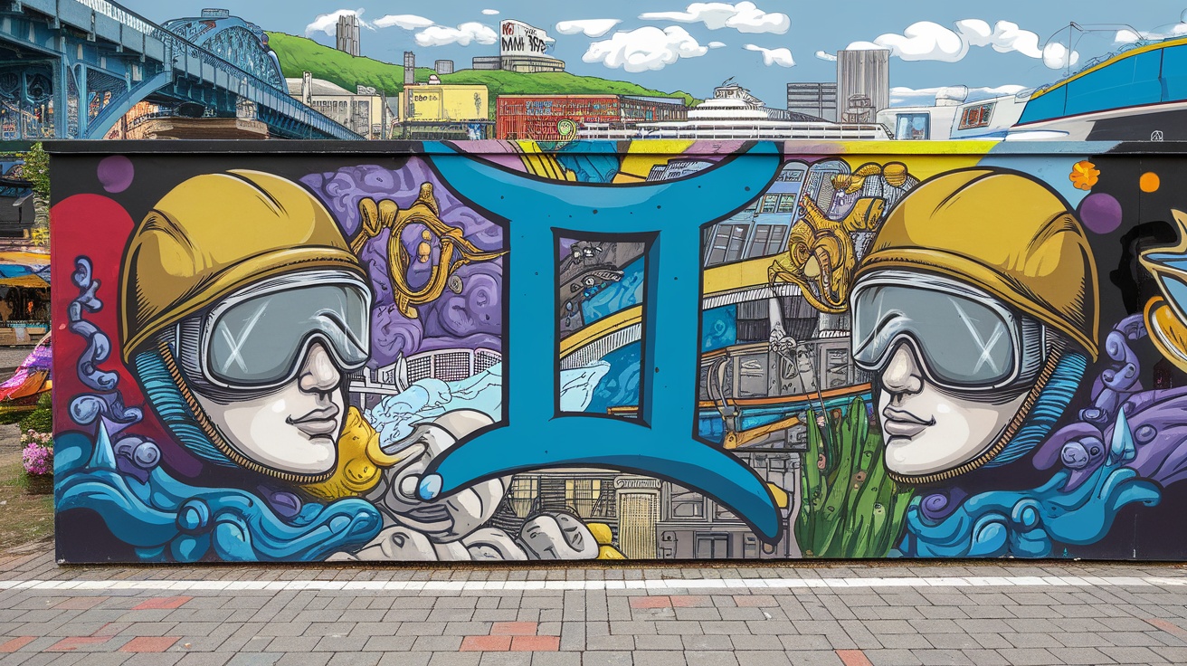 A colorful mural representing Gemini, featuring two figures wearing helmets and goggles, against a vibrant city background.