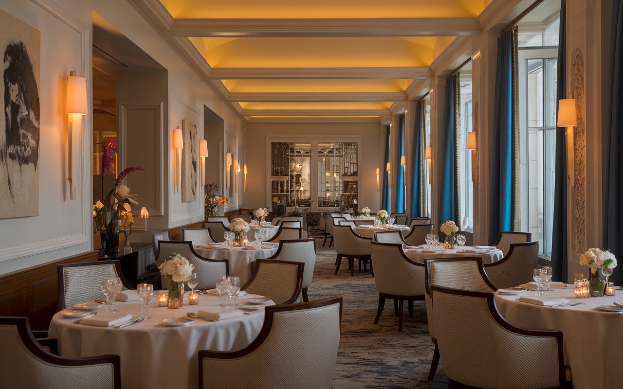 Elegant dining area of the City Club Hotel with round tables, soft lighting, and tasteful decor.