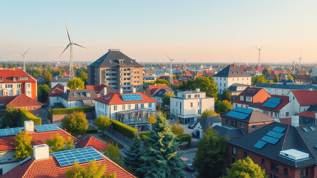 Aerial view of a sustainable town in Germany with wind turbines and solar panels on rooftops.