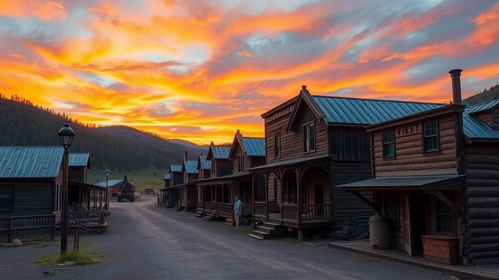 A beautiful sunset over the ghost town of Bodie, California, with old wooden buildings and mountains in the background.