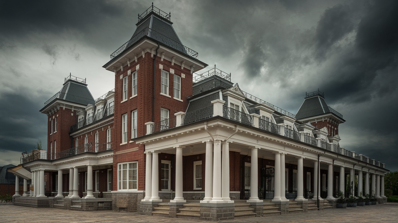 The Stanley Hotel in a foggy, eerie setting, with ghost hunters approaching