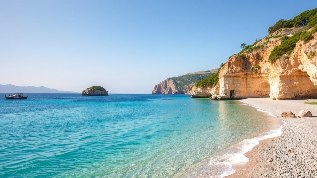 Beautiful Gjipe Beach in Albania with clear turquoise waters and rocky cliffs.