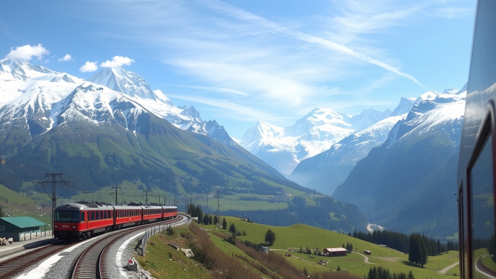 A scenic view of the Glacier Express train winding through the Swiss Alps, surrounded by mountains and greenery.