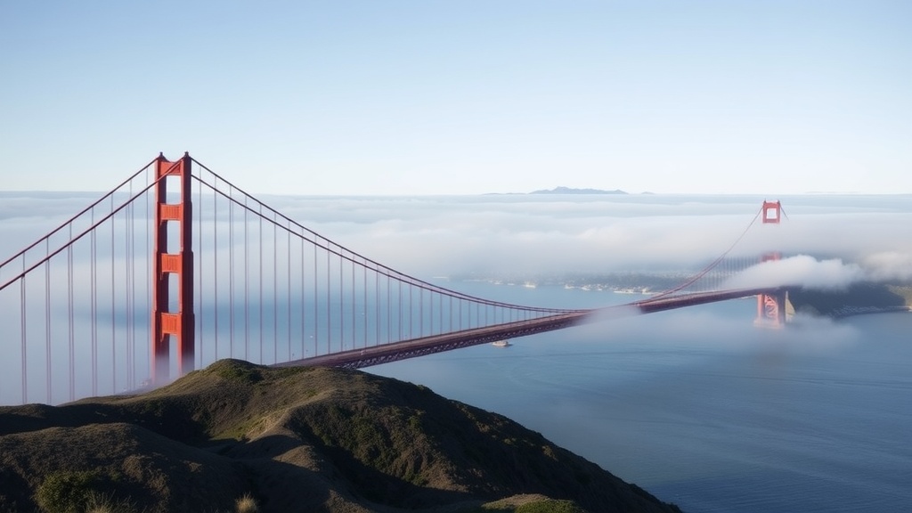 View of the Golden Gate Bridge from Marin Headlands with fog and hills in the foreground