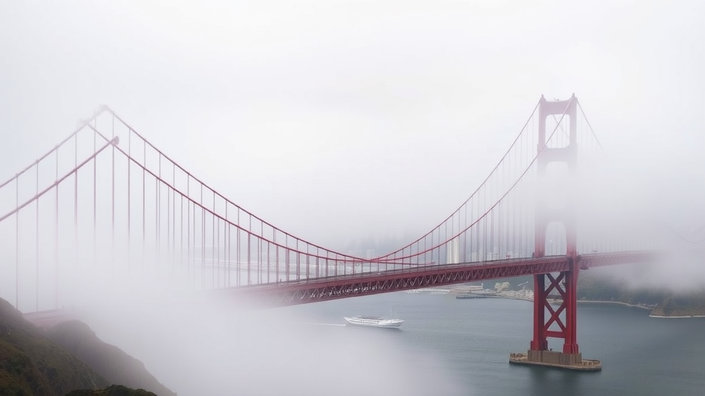 Golden Gate Bridge partly covered in fog over water