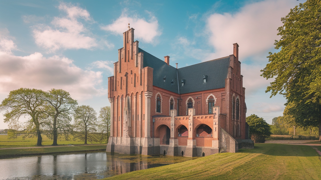 A picturesque Dutch castle with Gothic architecture surrounded by greenery and water.