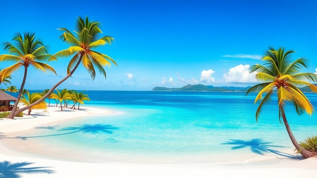 A stunning view of Grace Bay, featuring palm trees, white sand, and clear blue waters.