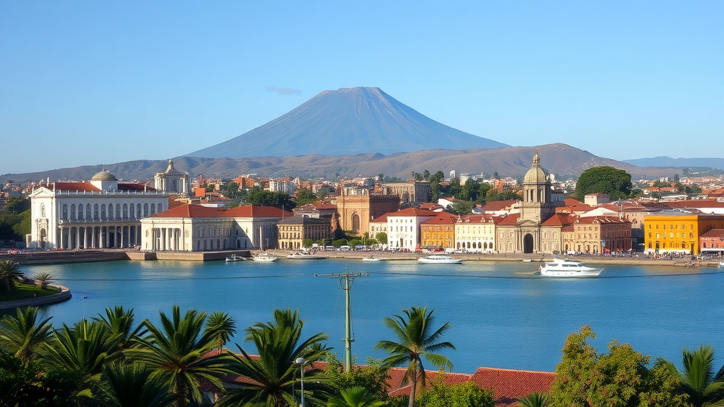 A picturesque view of Granada, Nicaragua with colorful buildings, a lake, and Mombacho Volcano in the background.