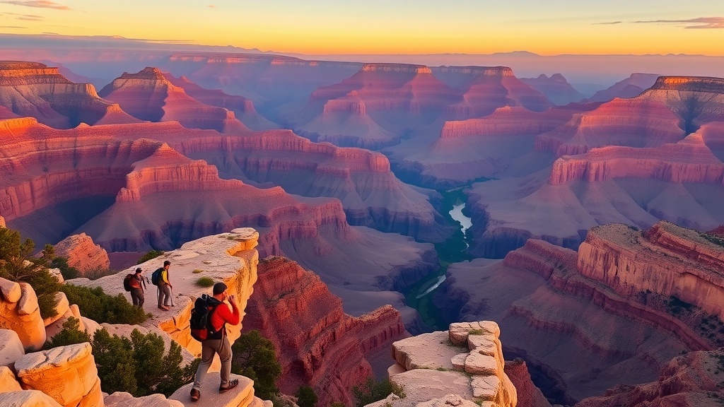 A scenic view of the Grand Canyon at sunset with hikers on the edge.