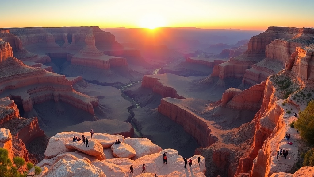 A panoramic view of the Grand Canyon at sunset with visitors on the edge of the cliffs.