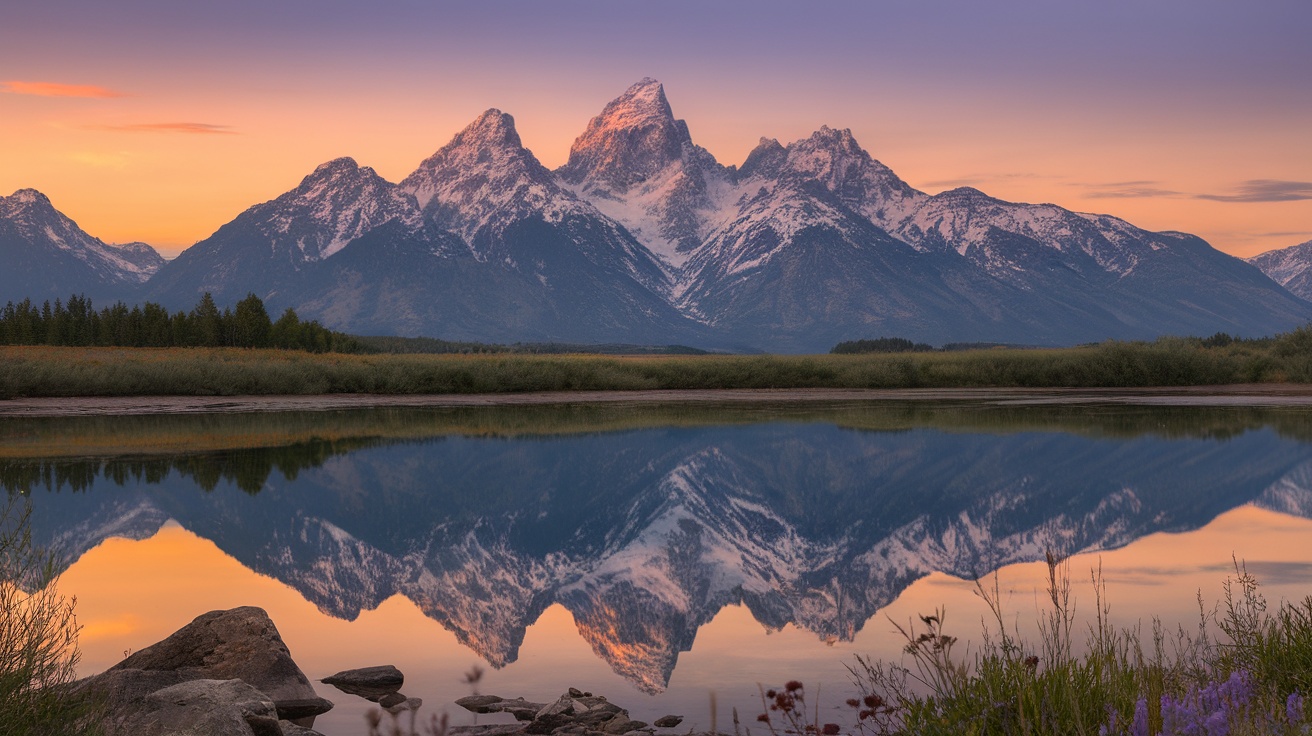 Sunset view of the Grand Teton peaks reflecting on a calm lake