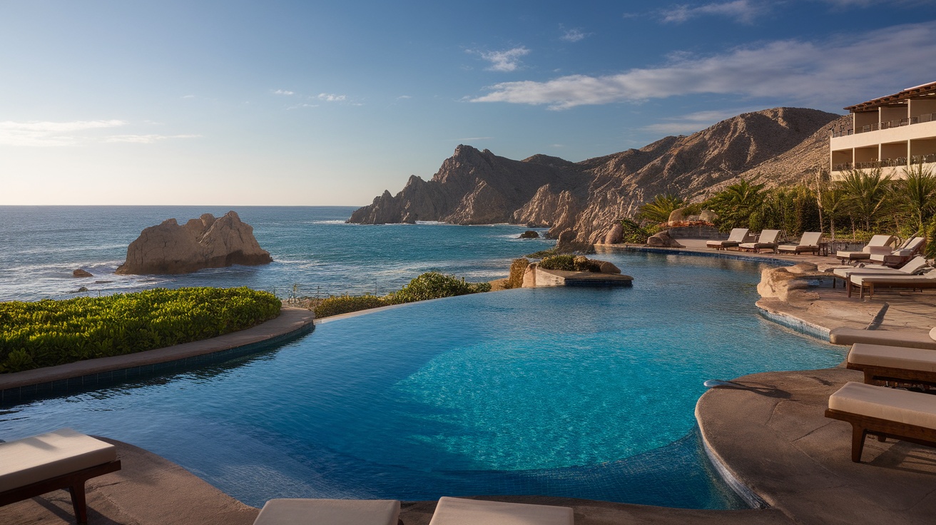 A luxurious poolside view at Grand Velas Los Cabos overlooking the ocean and mountains.