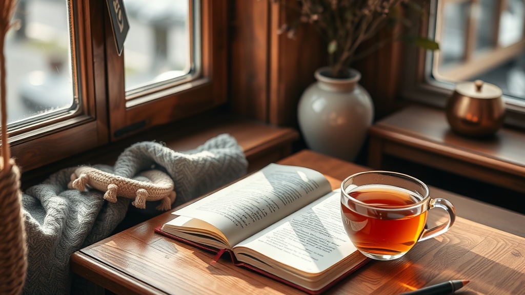 A cozy scene with an open gratitude journal, flowers in a jar, and a cup of tea by a window.