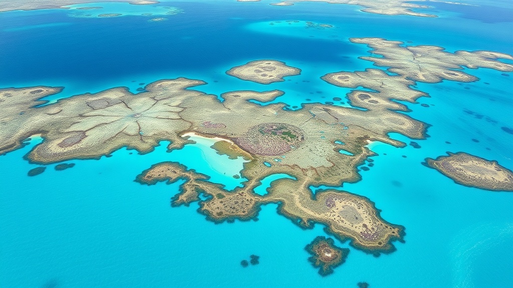 Aerial view of the Great Barrier Reef showing its stunning blue waters and coral formations.